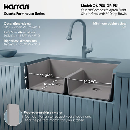 34" Farmhouse Double Equal Bowl Quartz Composite Kitchen Sink Kit In Grey