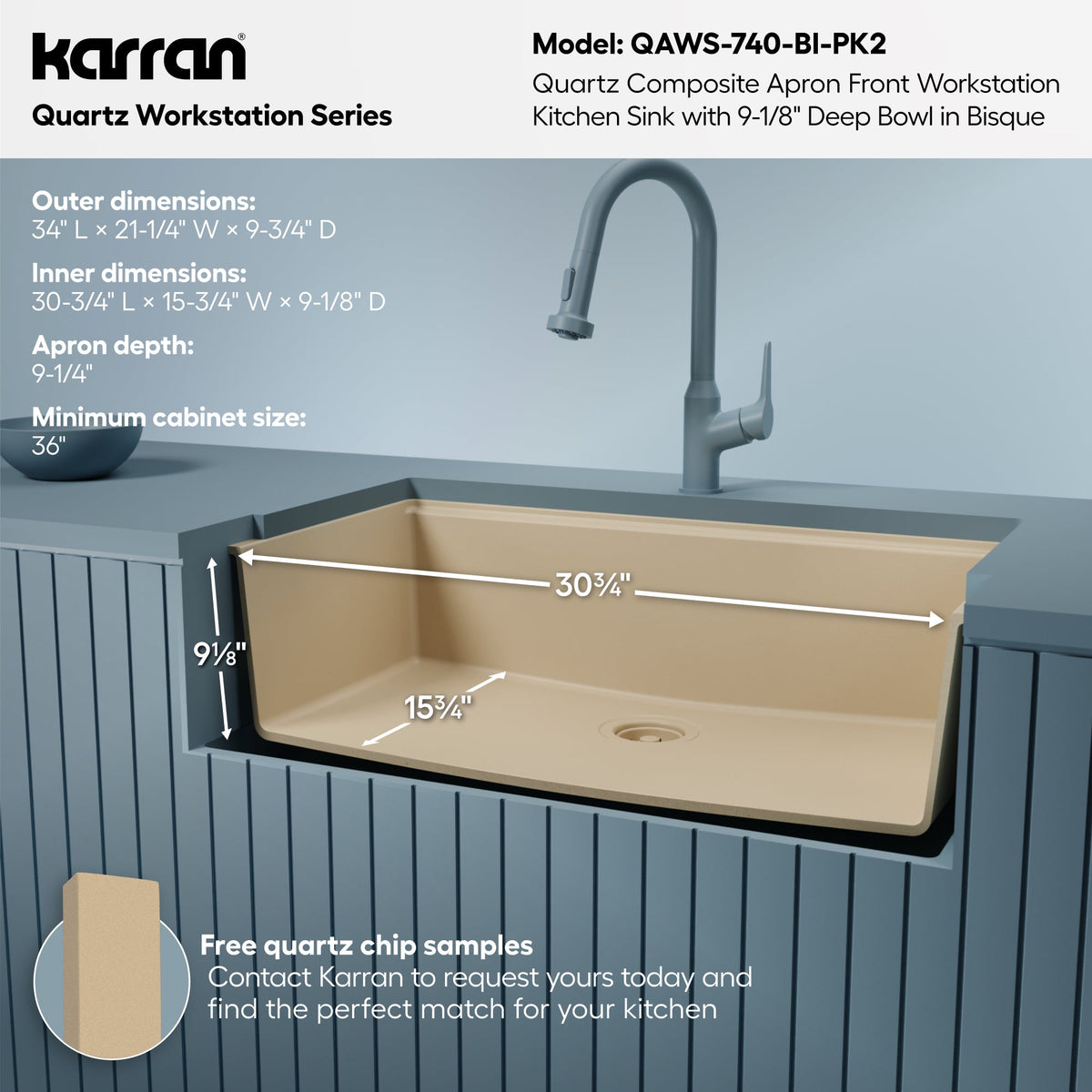 34" Deep Apron Front Single Bowl Quartz Kitchen Sink Kit In Bisque