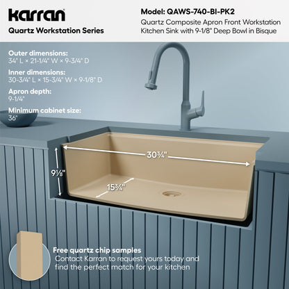 34" Deep Apron Front Single Bowl Quartz Kitchen Sink Kit In Bisque