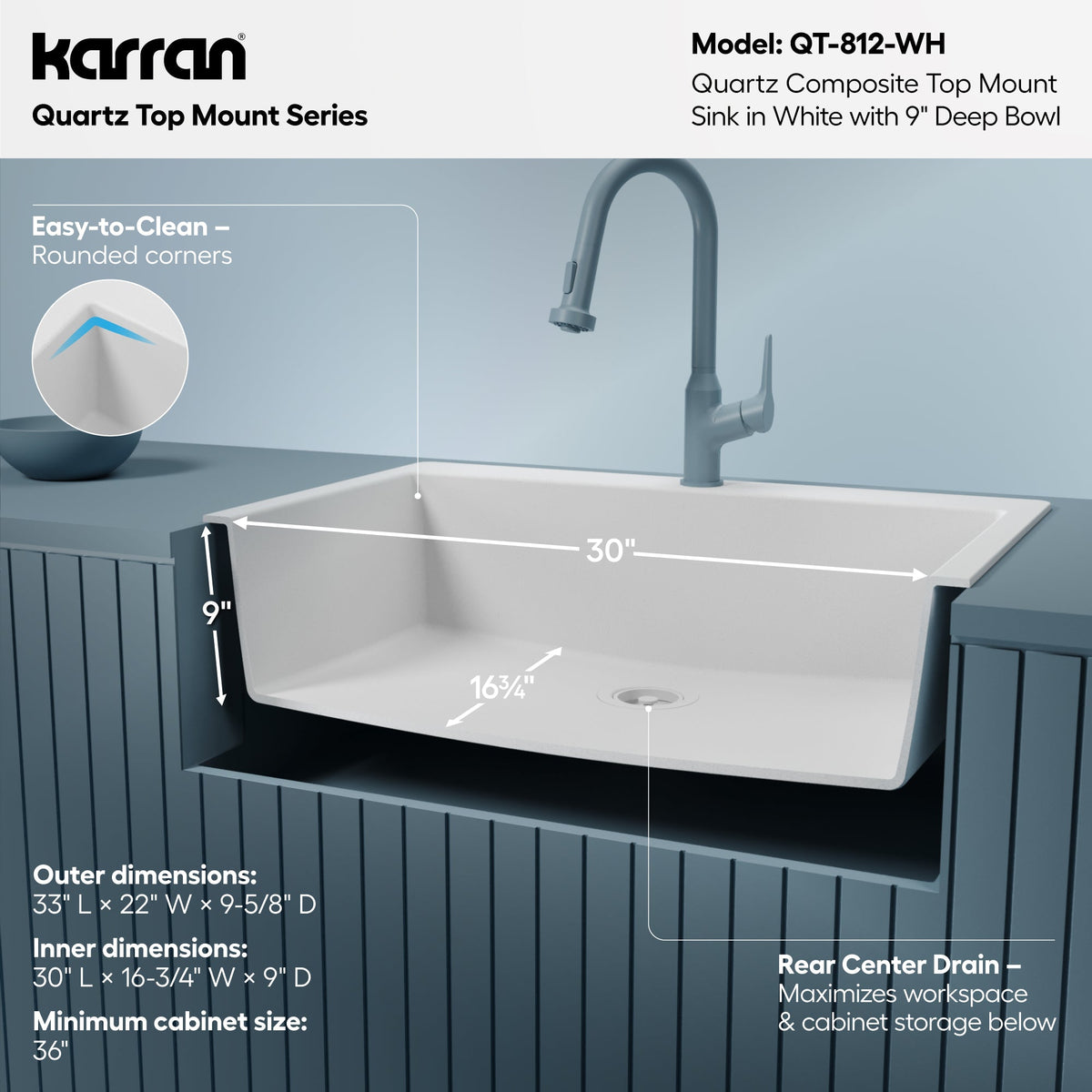 33" Top Mount Single Bowl Quartz Composite Kitchen Sink In White