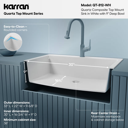 33" Top Mount Single Bowl Quartz Composite Kitchen Sink In White