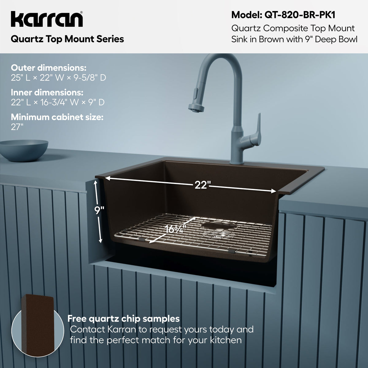 25" Top Mount Single Bowl Quartz Composite Kitchen Sink Kit In Brown