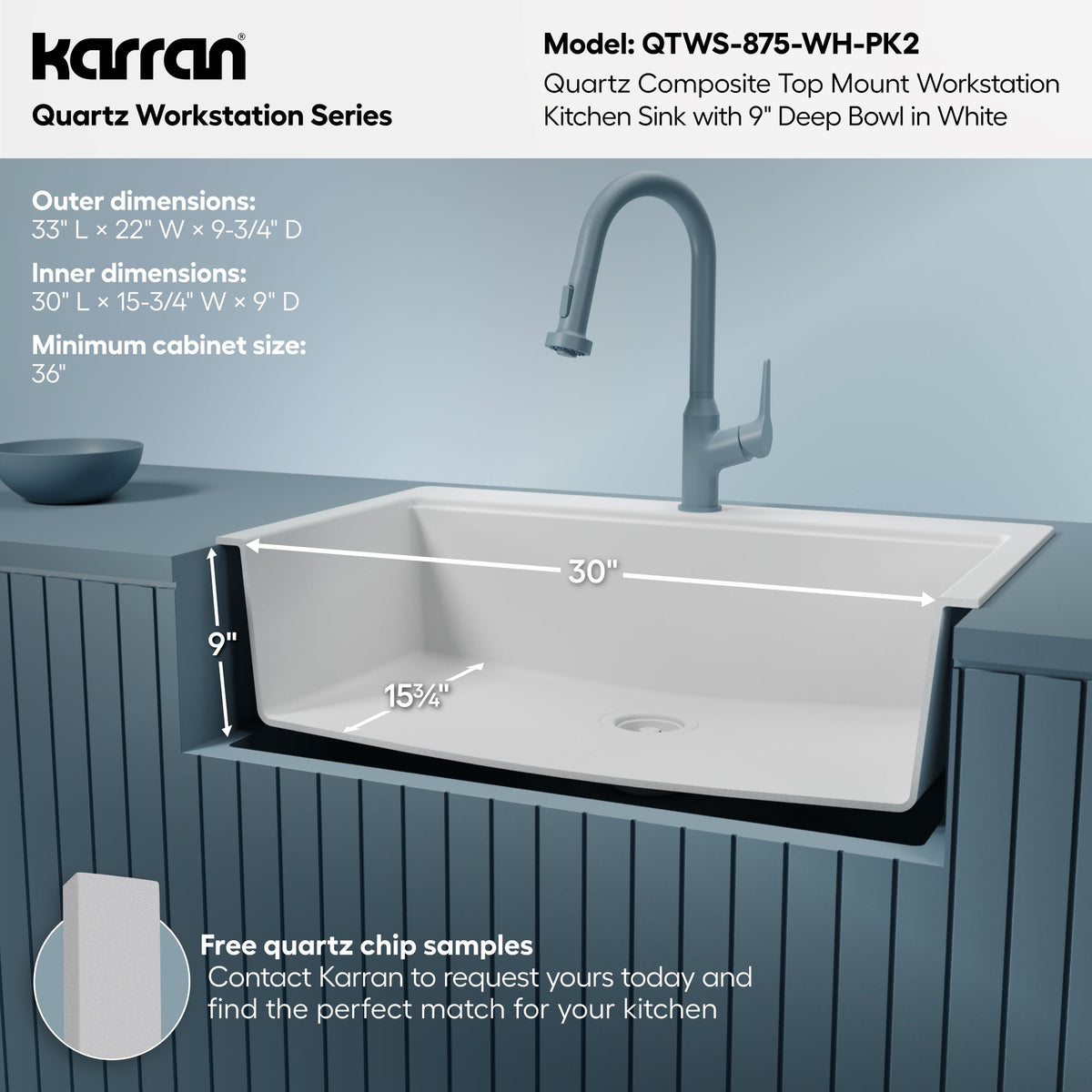 33" Top Mount Single Bowl Quartz Kitchen Sink Kit In White