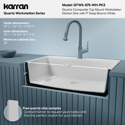 33" Top Mount Single Bowl Quartz Kitchen Sink Kit In White