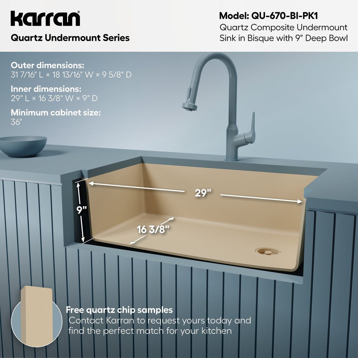 31-5/8" Undermount Large Single Bowl Quartz Composite Kitchen Sink Kit In Bisque