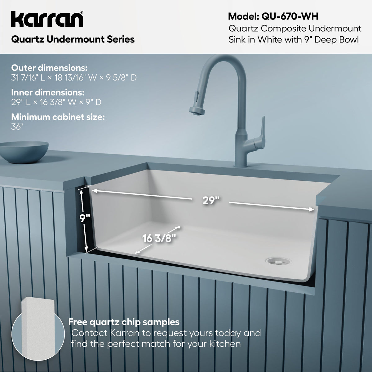 31-5/8" Undermount Large Single Bowl Quartz Composite Kitchen Sink In White