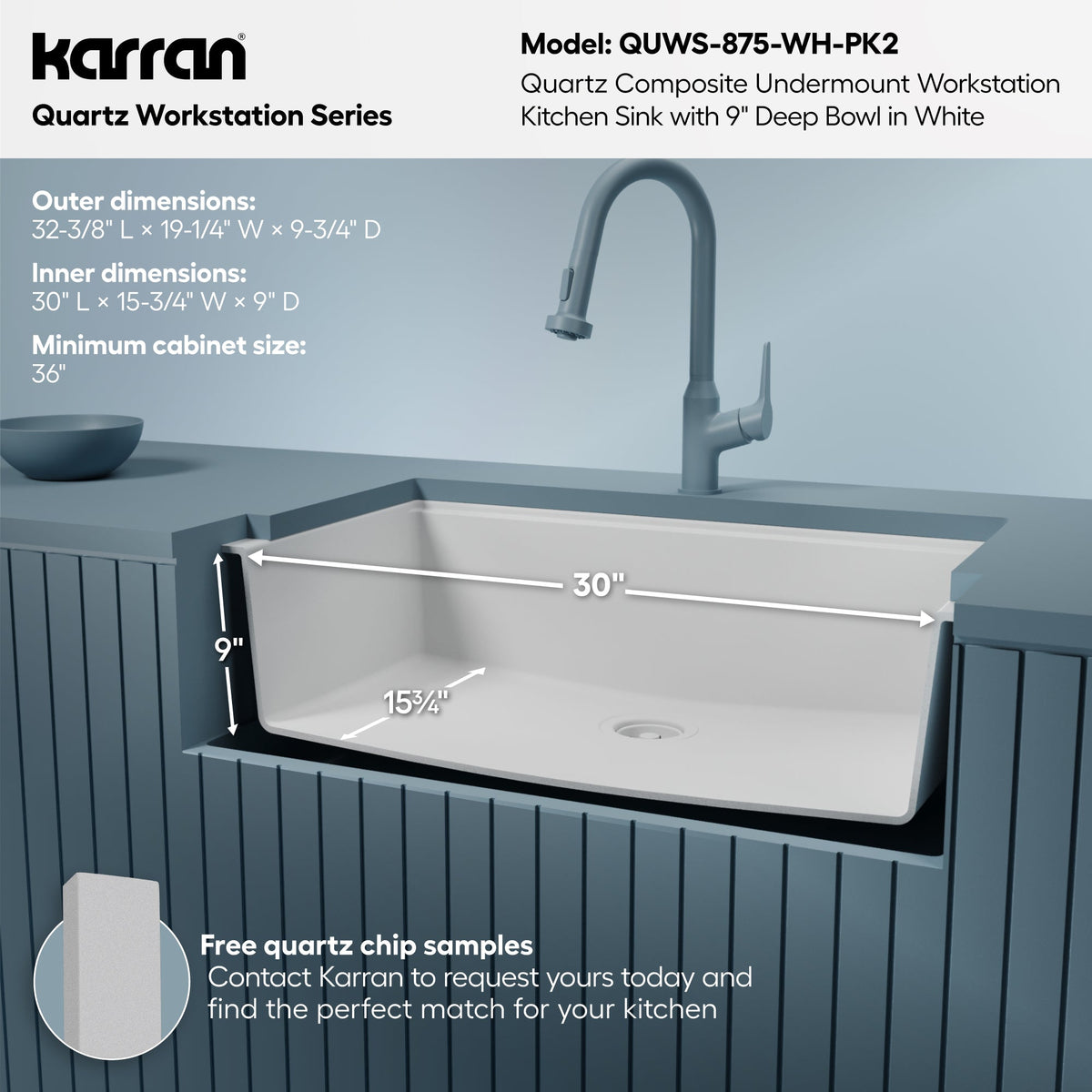 32" Undermount Single Bowl Quartz Kitchen Sink Kit In White