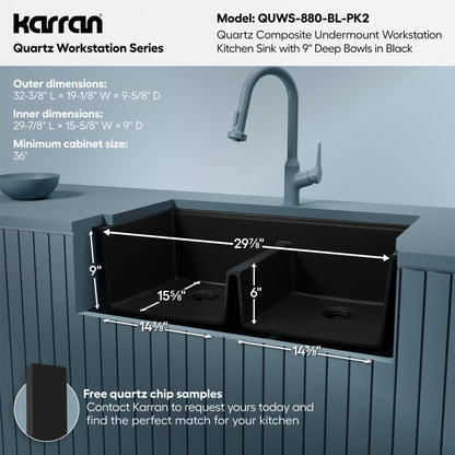 32" Undermount Double Bowl Quartz Kitchen Sink Kit In Black