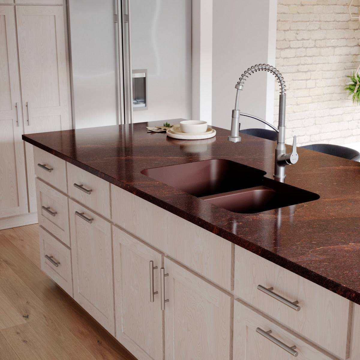 32-3/8" Seamless Undermount Double Offset Bowl Quartz Composite Kitchen Sink In Brown