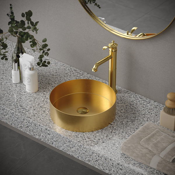 14-1/4" Vessel Stainless Steel Bathroom Sink In Gold