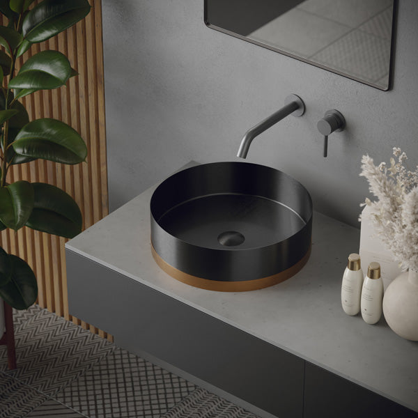 15-3/4" Vessel Stainless Steel Bathroom Sink In Gunmetal Grey & Brushed Copper