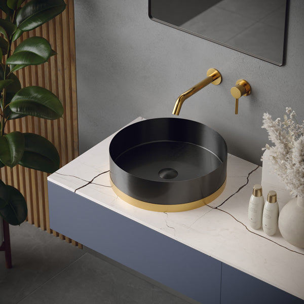 15-3/4" Vessel Stainless Steel Bathroom Sink In Gunmetal Grey & Gold