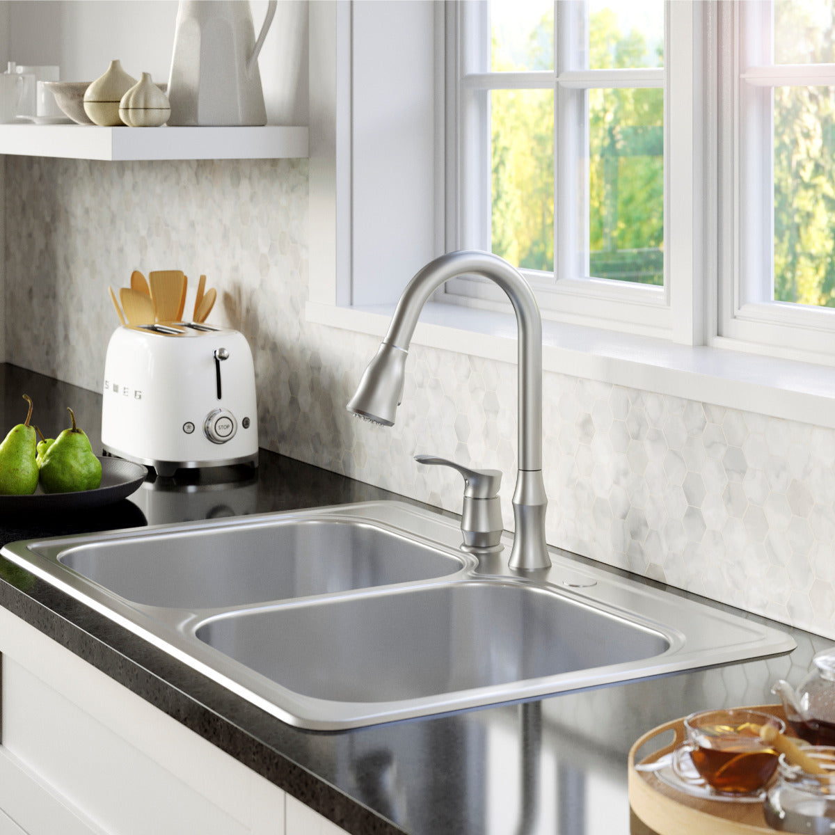 Profile 33" Top Mount 18 Gauge Double Bowl Stainless Steel Kitchen Sink with Accessories