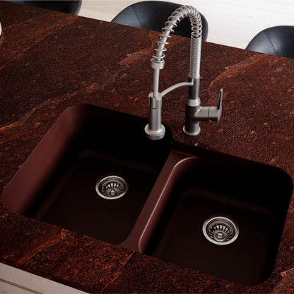 32-3/8" Seamless Undermount Double Offset Bowl Quartz Composite Kitchen Sink In Brown