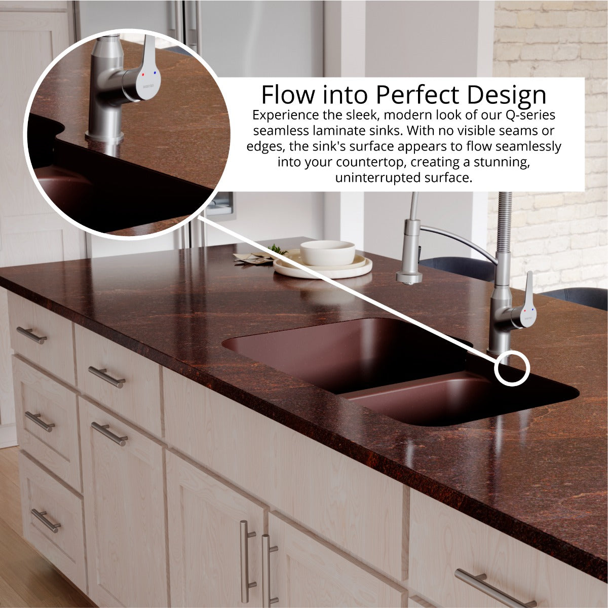 32-3/8" Seamless Undermount Double Offset Bowl Quartz Composite Kitchen Sink In Brown