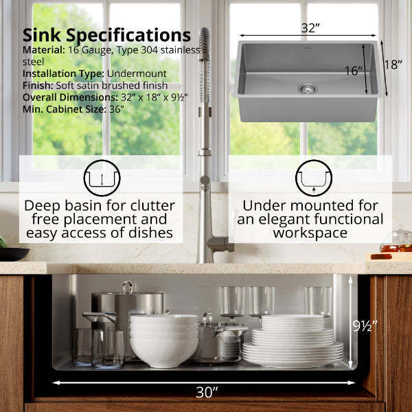 Select 32" Undermount 16 Gauge Single Bowl Stainless Steel Kitchen Sink with Accessories