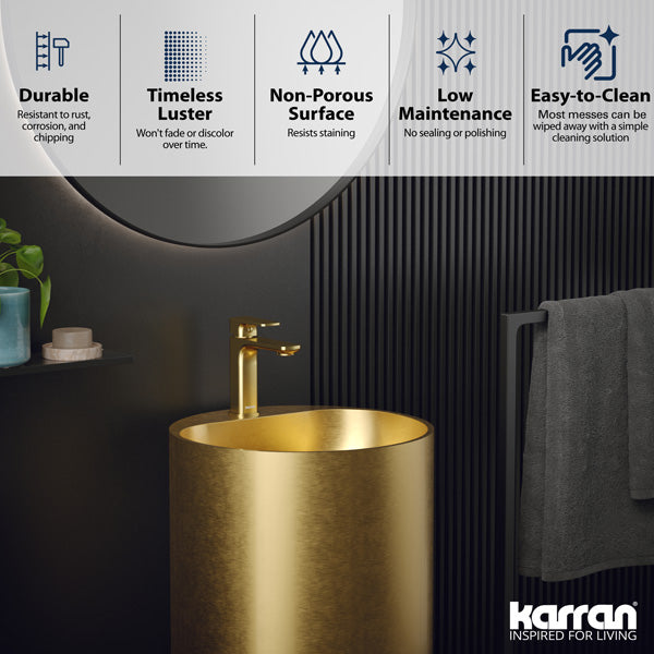 16-1/2" Pedestal Stainless Steel Bathroom Sink In Gold