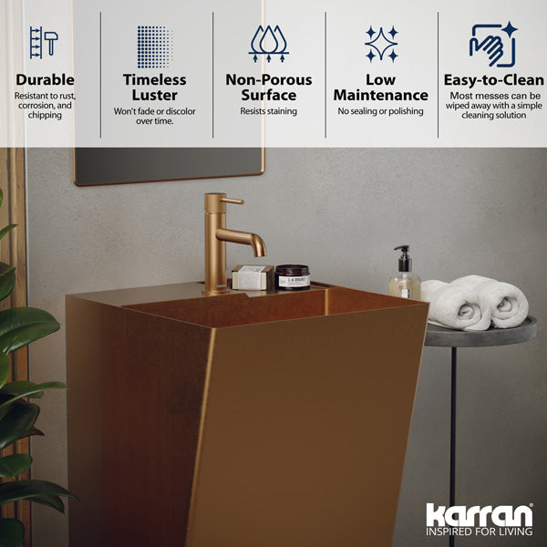 19-3/4" Pedestal Stainless Steel Bathroom Sink In Brushed Copper