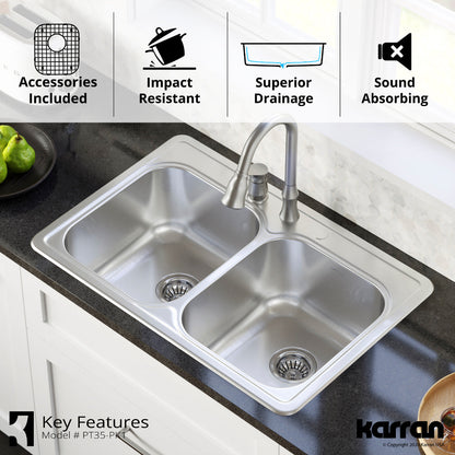 Profile 33" Top Mount 18 Gauge Double Bowl Stainless Steel Kitchen Sink with Accessories