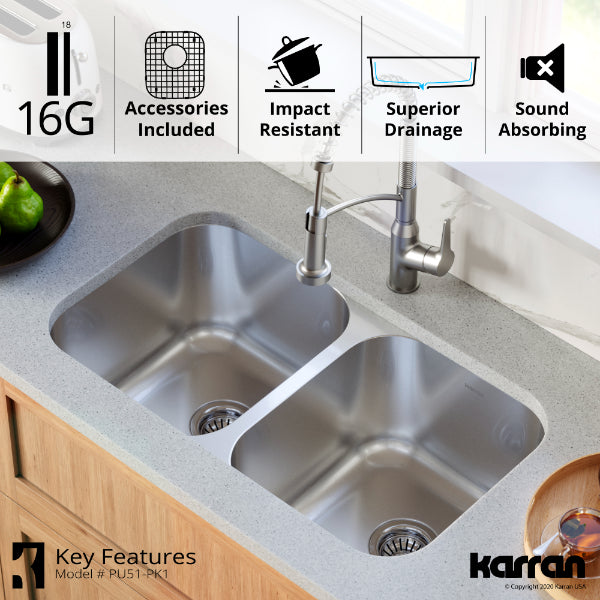 Profile 32" Undermount 16 Gauge Double Bowl Stainless Steel Kitchen Sink with Accessories