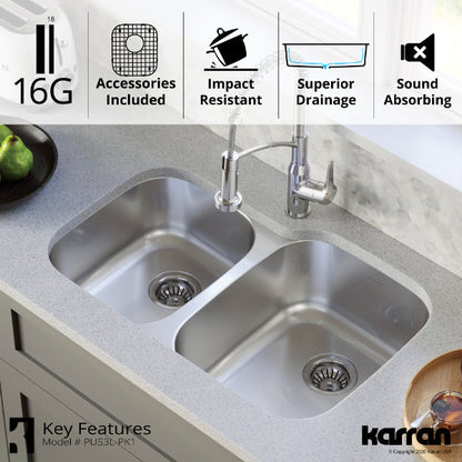Profile 32" Undermount 16 Gauge Double Offset Bowl Stainless Steel Kitchen Sink with Accessories