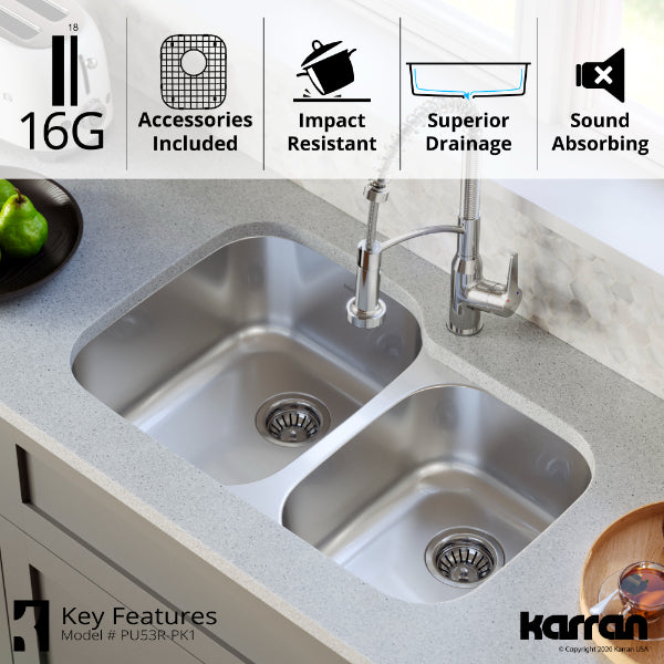 Profile 32" Undermount 16 Gauge Double Offset Bowl Stainless Steel Kitchen Sink with Accessories