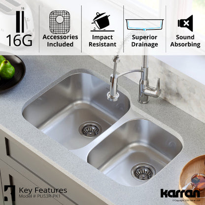 Profile 32" Undermount 16 Gauge Double Offset Bowl Stainless Steel Kitchen Sink with Accessories