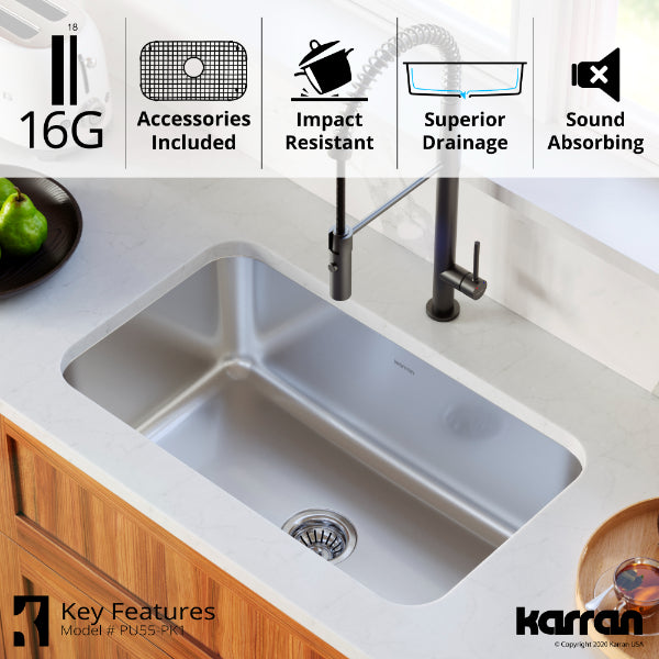 Profile 30" Undermount 16 Gauge Single Bowl Stainless Steel Kitchen Sink with Accessories