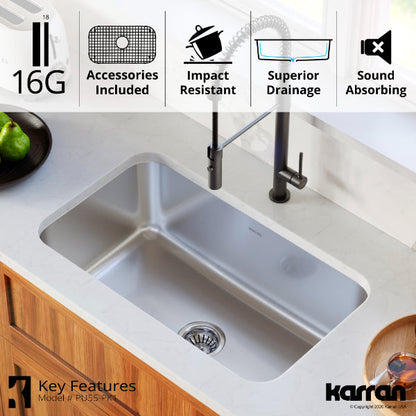 Profile 30" Undermount 16 Gauge Single Bowl Stainless Steel Kitchen Sink with Accessories
