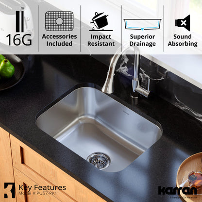 Profile 23" Undermount 16 Gauge Single Bowl Stainless Steel Kitchen Sink with Accessories