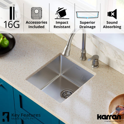 Select 17" Undermount 16 Gauge Single Bowl Stainless Steel Kitchen Sink with Accessories