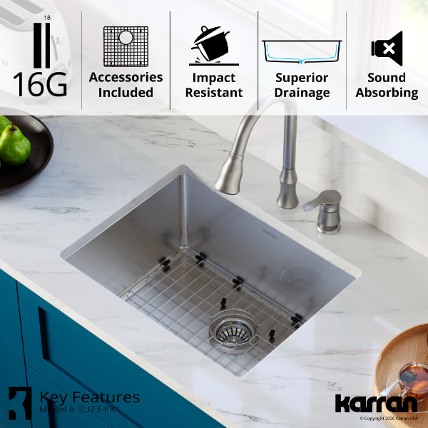 Select 21" Undermount 16 Gauge Single Bowl Stainless Steel Kitchen Sink with Accessories