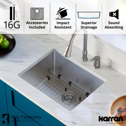 Select 21" Undermount 16 Gauge Single Bowl Stainless Steel Kitchen Sink with Accessories