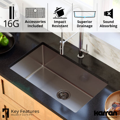 Select 30" Undermount 16 Gauge Single Bowl Stainless Steel Kitchen Sink with Accessories