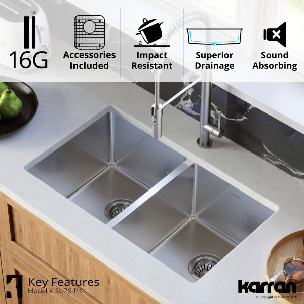Select 30" Undermount 16 Gauge Double Bowl Stainless Steel Kitchen Sink with Accessories