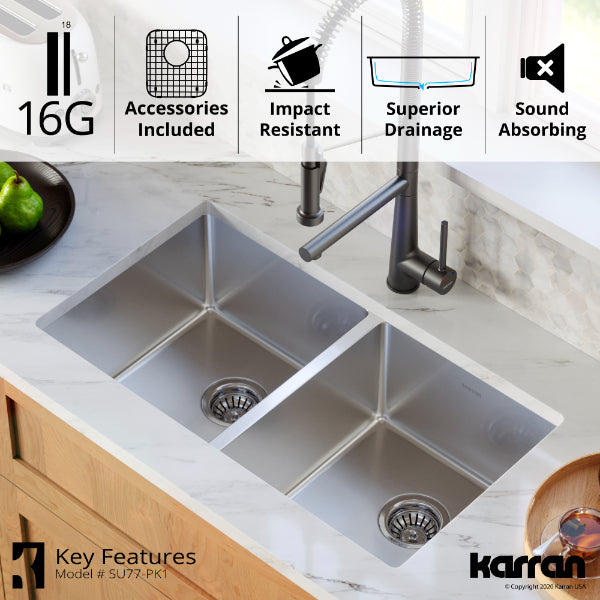 Select 32" Undermount 16 Gauge Double Bowl Stainless Steel Kitchen Sink with Accessories
