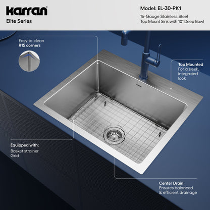 25" Top Mount Single Bowl Stainless Steel Kitchen Sink Kit