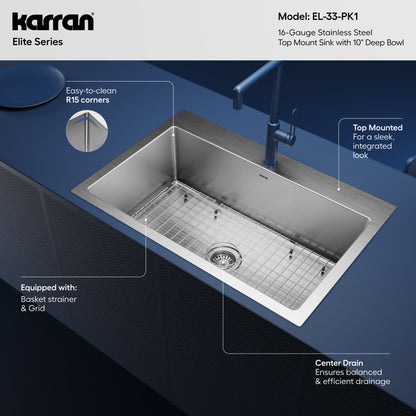 33" Top Mount Large Single Bowl Stainless Steel Kitchen Sink Kit