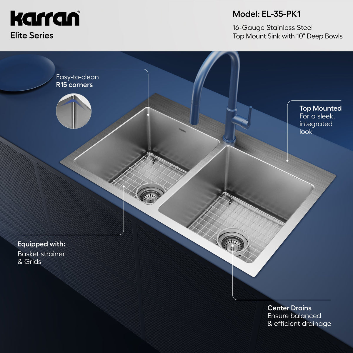 33" Top Mount Double Equal Bowl Stainless Steel Kitchen Sink Kit