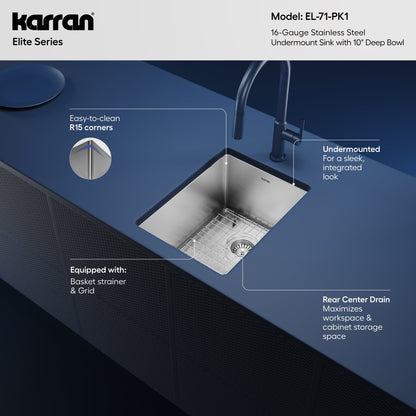 Elite 15" Undermount 16 Gauge Single Bowl Stainless Steel Kitchen Sink with Accessories