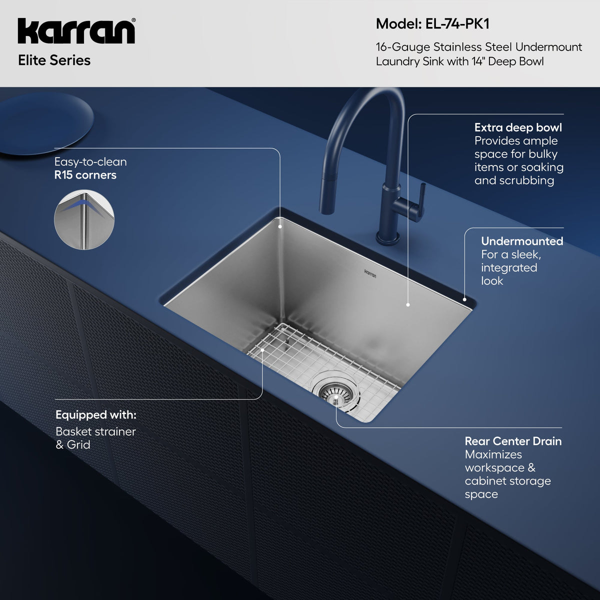 Elite 23" Undermount 16 Gauge Single Bowl Stainless Steel Kitchen Sink with Accessories