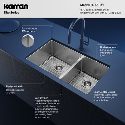 Elite 32" Undermount 16 Gauge Double Bowl Stainless Steel Kitchen Sink with Accessories