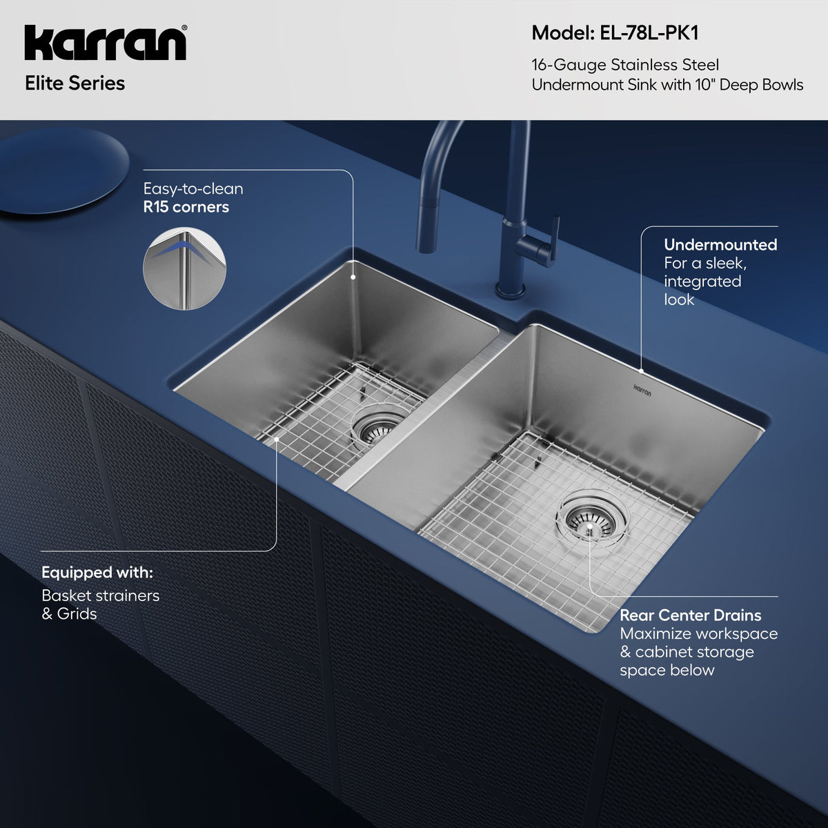 Elite 33" Undermount 16 Gauge Double Bowl Stainless Steel Kitchen Sink with Accessories