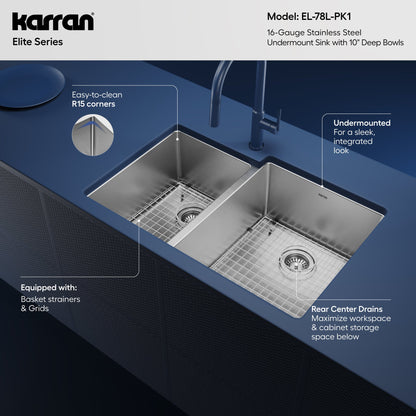 Elite 33" Undermount 16 Gauge Double Bowl Stainless Steel Kitchen Sink with Accessories