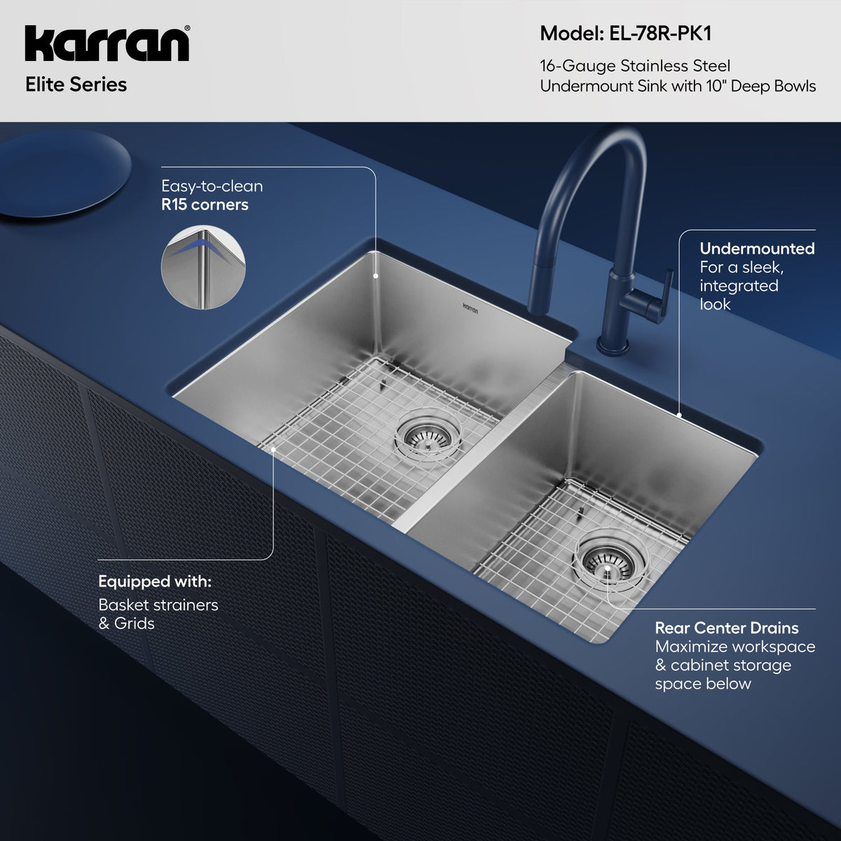 Elite 33" Undermount 16 Gauge Double Bowl Stainless Steel Kitchen Sink with Accessories