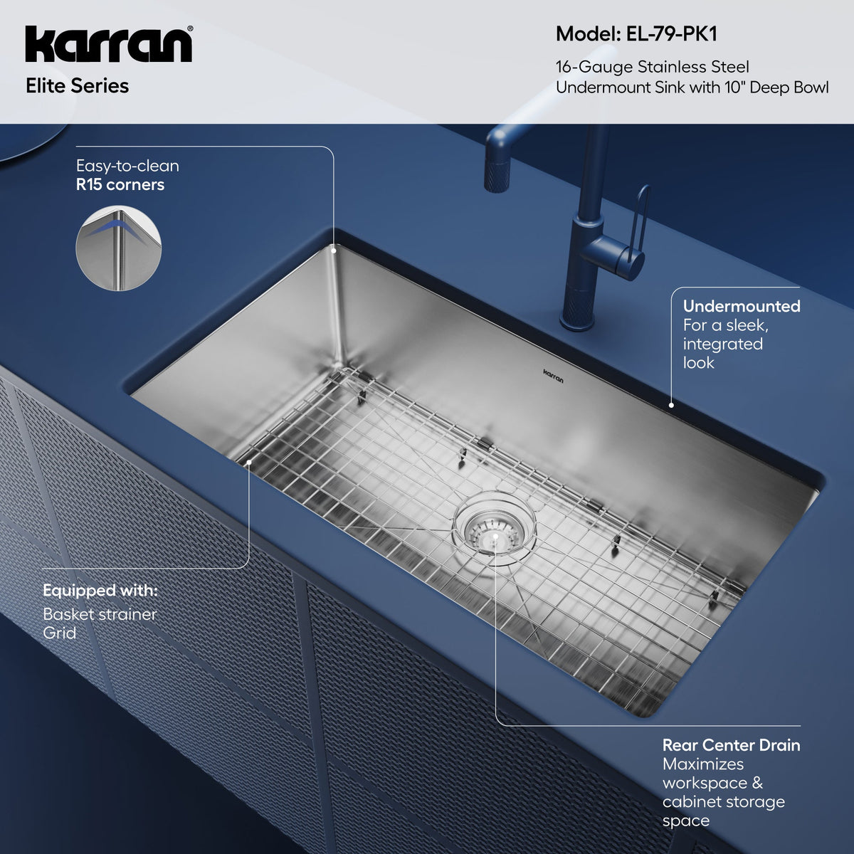 Elite 32" Undermount 16 Gauge Single Bowl Stainless Steel Sink with Accessories