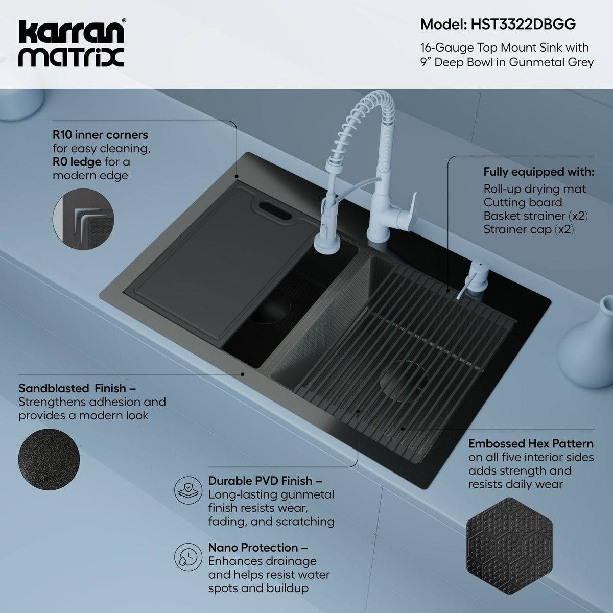Matrix 33" Top Mount Workstation 16 Gauge Double Bowl Stainless Steel Kitchen Sink In Gunmetal Grey with Accessories