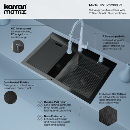 Matrix 33" Top Mount Workstation 16 Gauge Double Bowl Stainless Steel Kitchen Sink In Gunmetal Grey with Accessories
