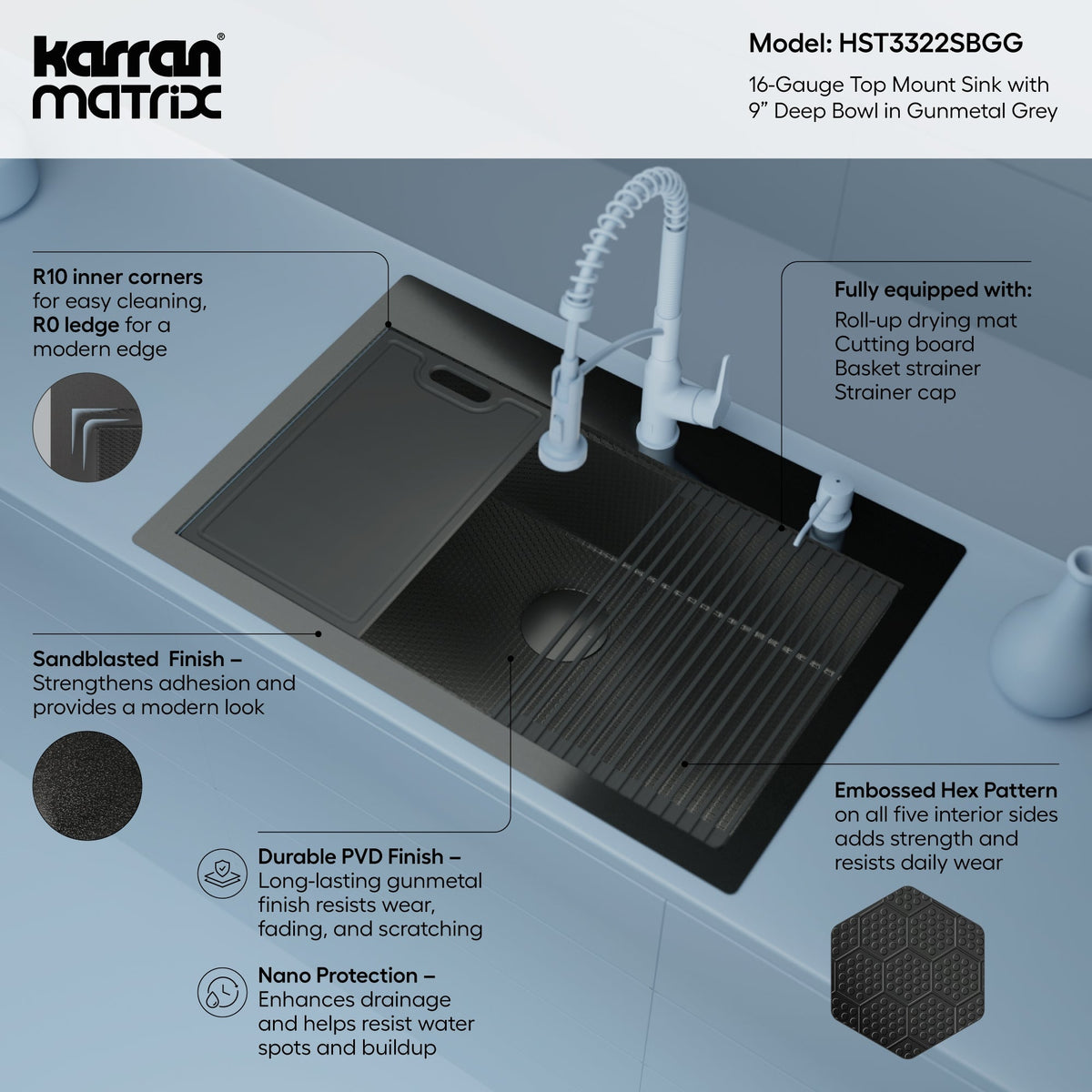 Matrix 33" Top Mount Workstation 16 Gauge Single Bowl Stainless Steel Kitchen Sink In Gunmetal Grey with Accessories