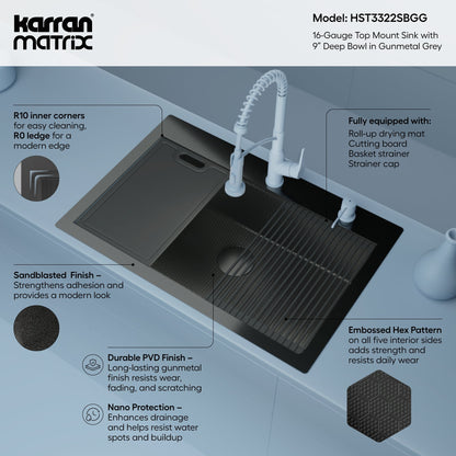 Matrix 33" Top Mount Workstation 16 Gauge Single Bowl Stainless Steel Kitchen Sink In Gunmetal Grey with Accessories